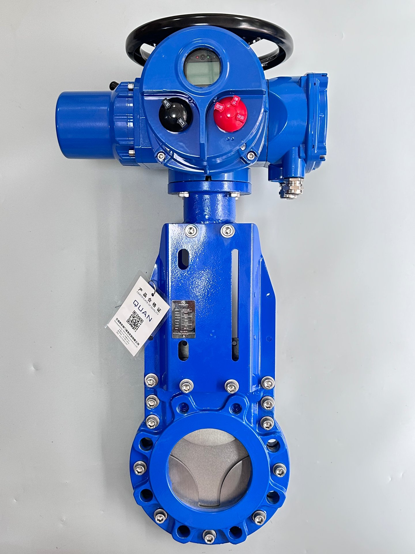 Electric diamond knife gate valve assembly: blue modulating electric actuator with diamond-throttling body